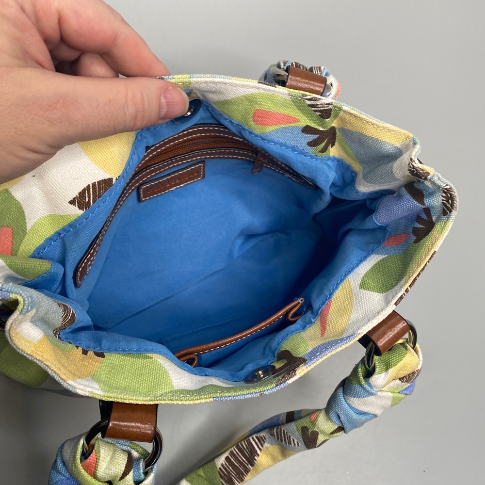 Croft & Borrow Blue Green Floral Fabric Shoulder Bag With Faux Leather Trim - Picture 4 of 6
